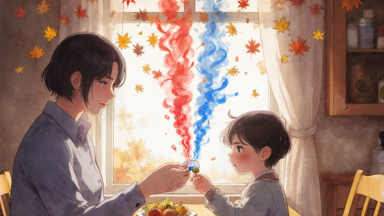 A parent gives a child a chewable montelukast tablet as light pathways represent combined allergy relief.