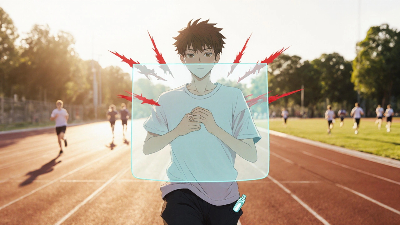 A runner is protected by a blue energy shield blocking leukotriene spikes, symbolizing airway defense.