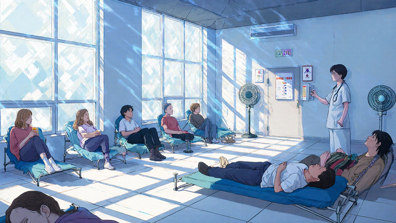 A safe, air-conditioned community center where people rest peacefully with naloxone accessible.