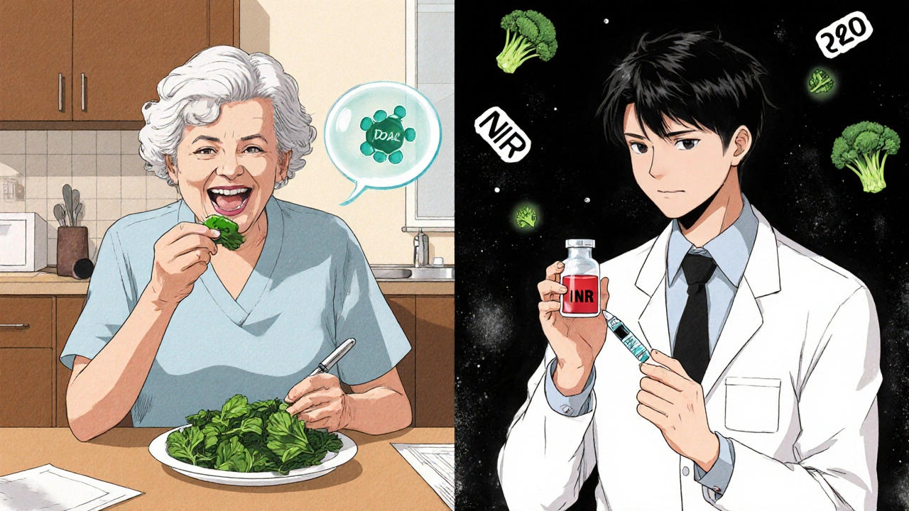 An elderly woman eating spinach peacefully beside a man undergoing a blood test, symbolizing warfarin vs DOACs.