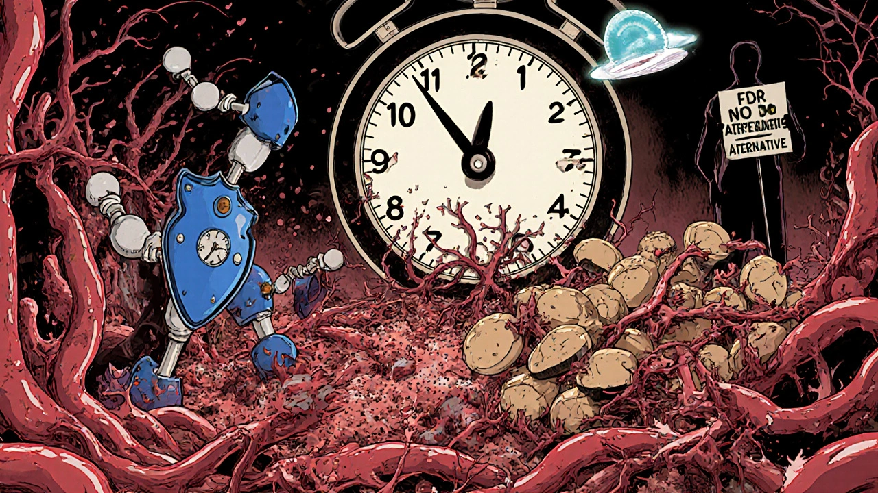 Battle in bloodstream: warfarin vs. Dong Quai, ruptured vessels, clock showing INR rise, estrogen patch floating safely above.