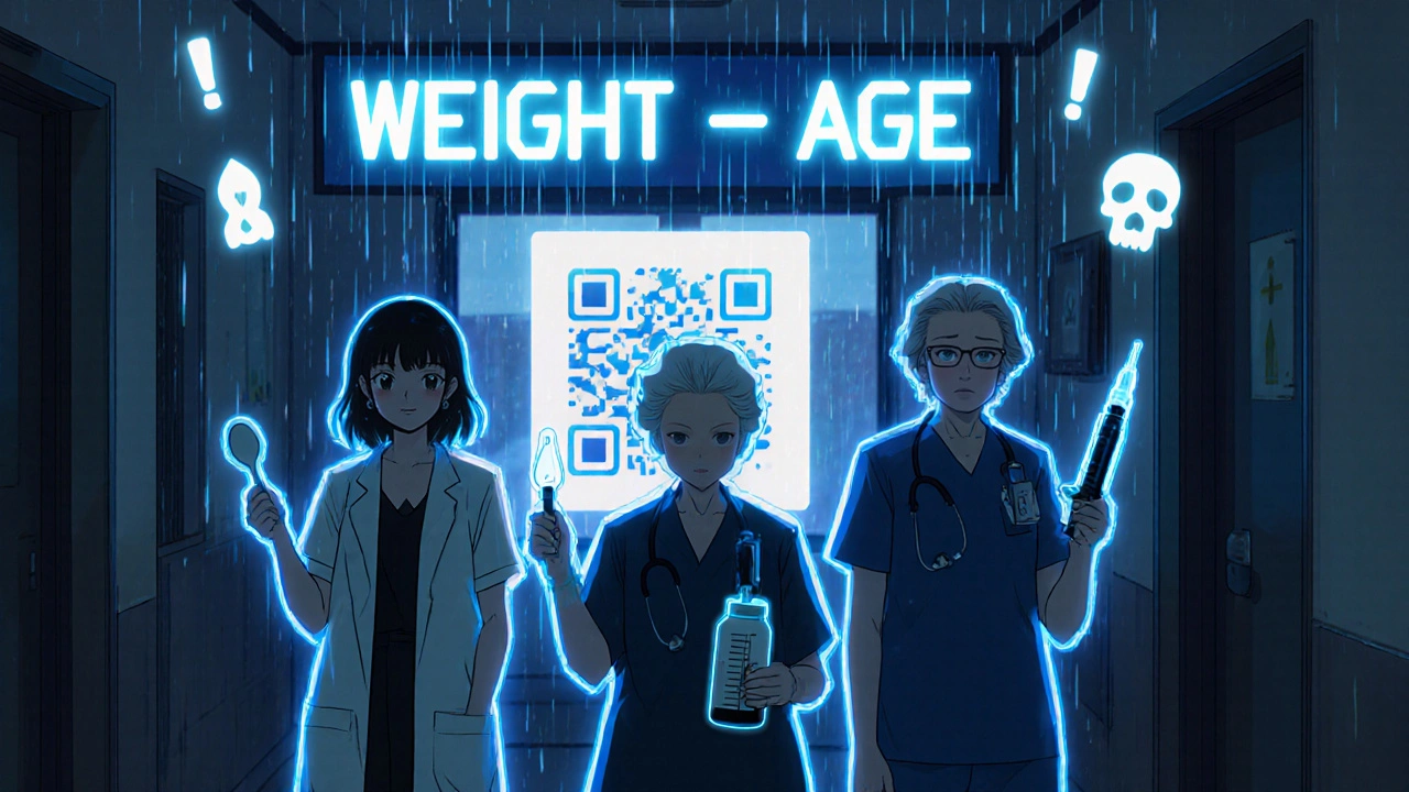 Caregivers hold different measuring tools under a sign that says &#039;WEIGHT &gt; AGE&#039;.