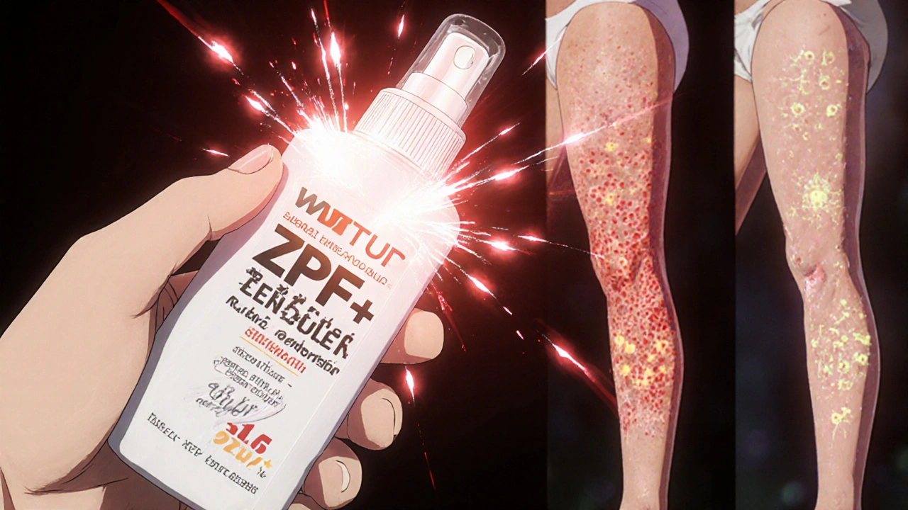 Close-up of sunscreen being applied to skin as glowing immune cells react to UV rays, with three types of lupus rashes visible in background.