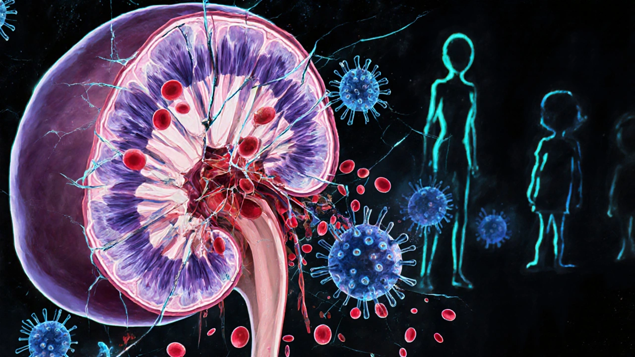 Cross-section of damaged kidney glomerulus with crumbling podocytes and leaking proteins.