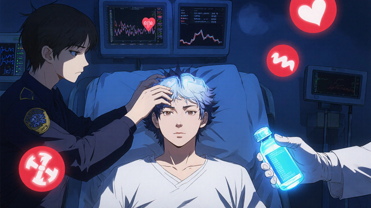 Emergency medical team treating a patient with high fever and muscle spasms in a hospital ER.