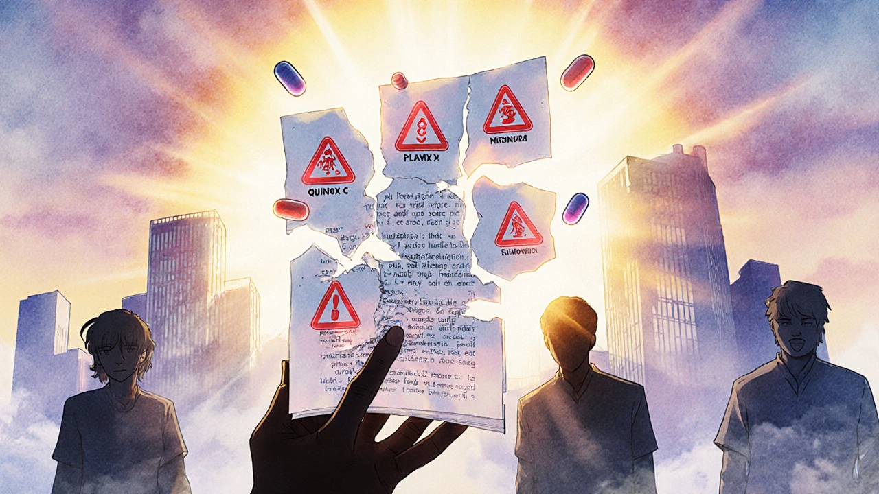 Floating drug bottles with warning symbols dissolve into the air as a hand stops a pill, with blurred patient symptoms surrounding them.