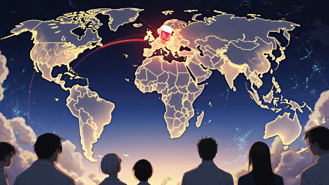 Global map showing regulatory pathways for NTI generics, with warning pulse radiating from a pill.