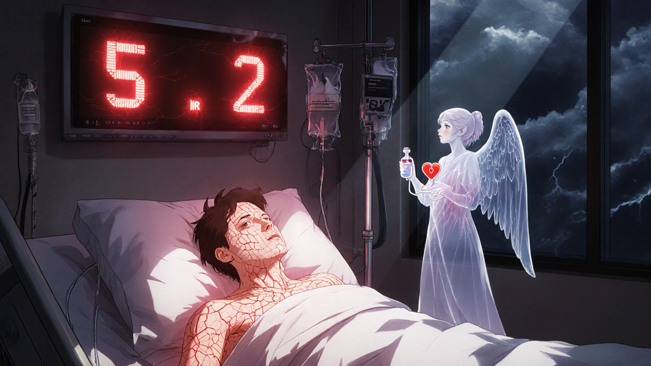 Hospital patient with dangerously high INR reading, glowing blood vessels and angelic figure holding vitamin K.