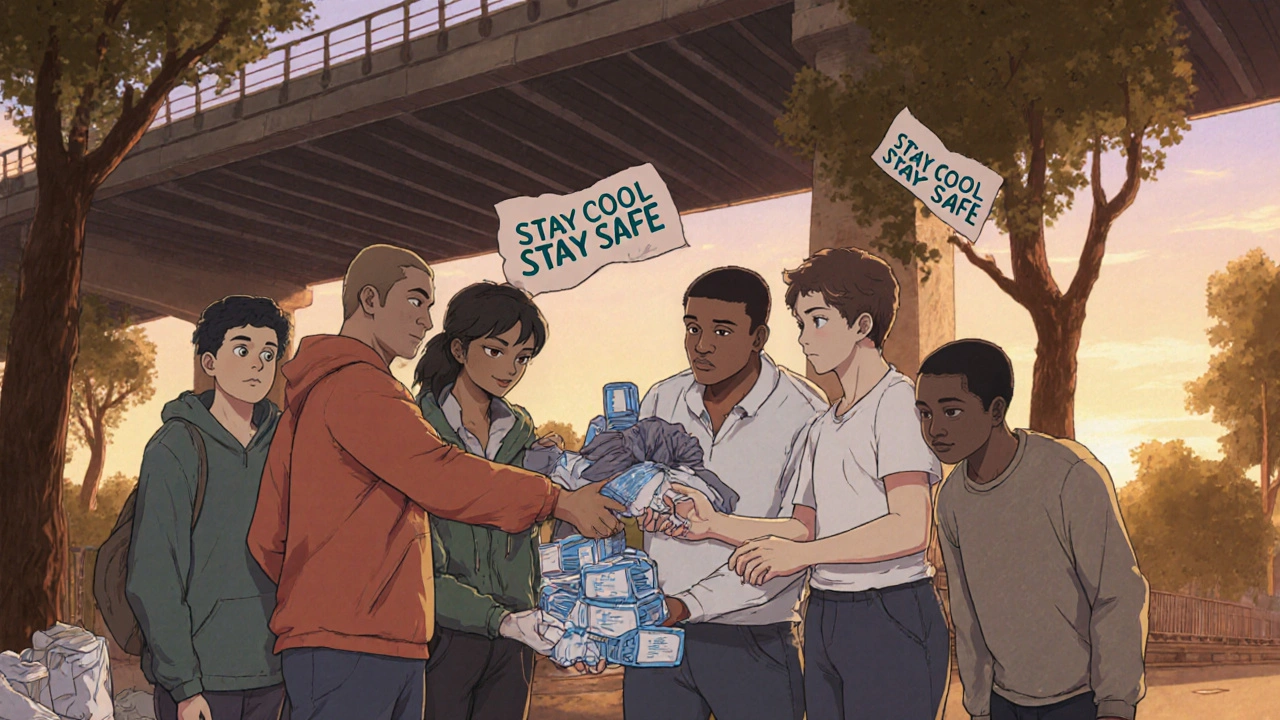 Outreach workers distributing cooling kits to homeless individuals under a bridge at dusk.