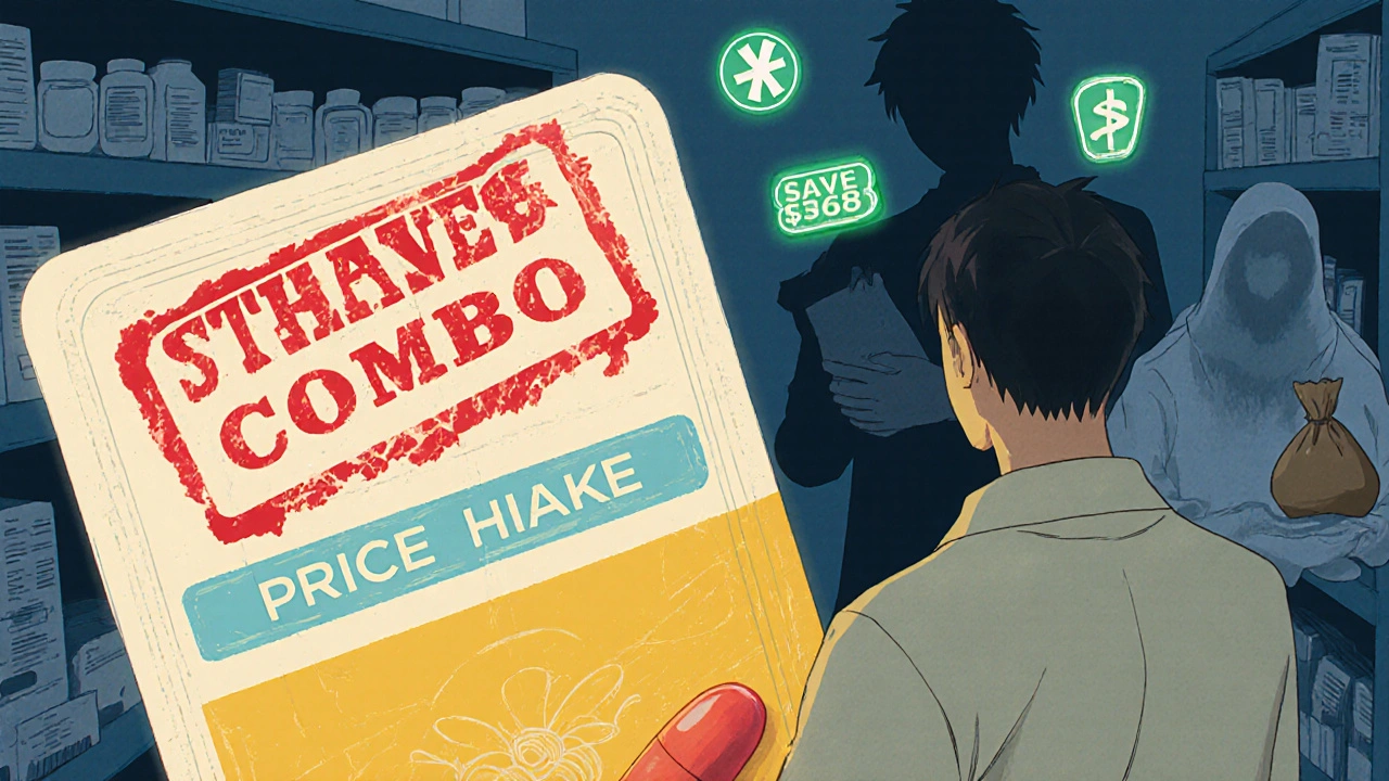 Patient in pharmacy choosing generics over branded combo pill with glowing savings tag.