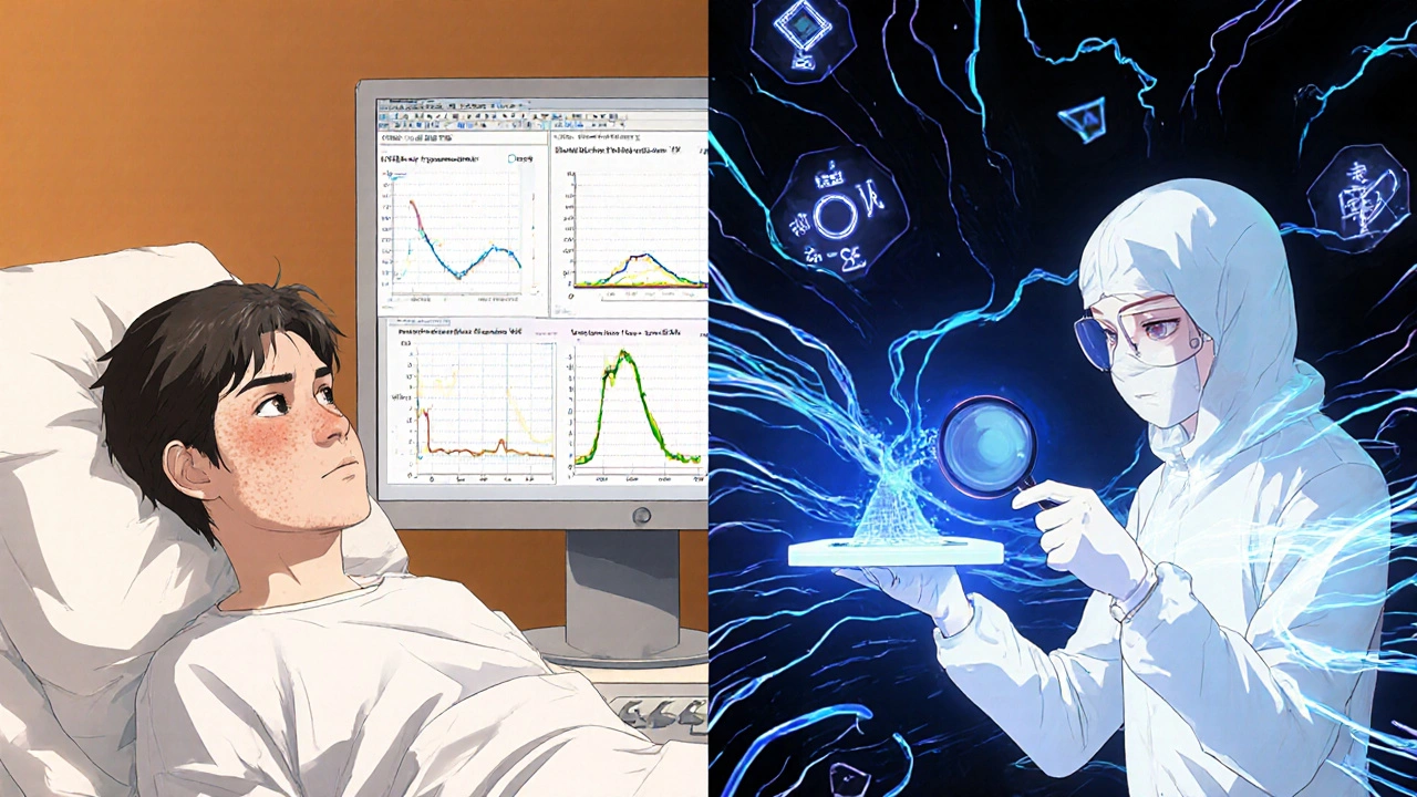 Patient with unstable thyroid levels on one side, technician analyzing dissolution data on the other.