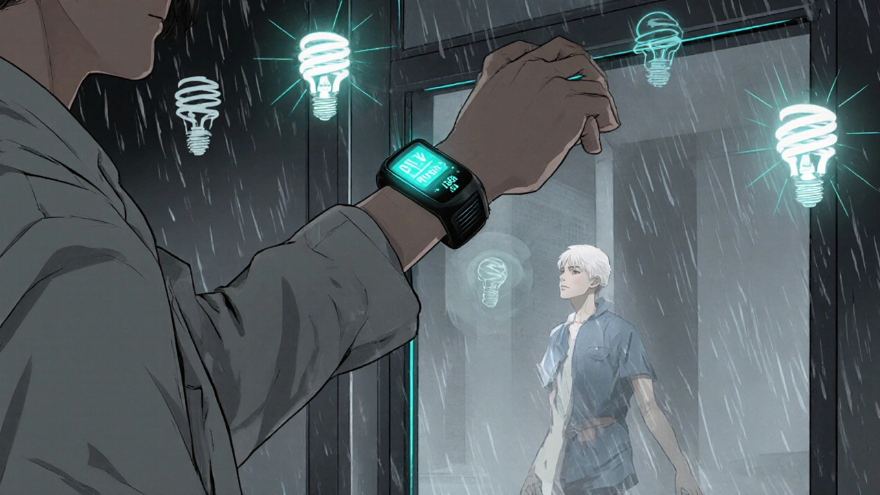 Person wearing UV-monitoring wristband alerted by sunlight through a window, with translucent overlays showing UV filtration and immune protection.