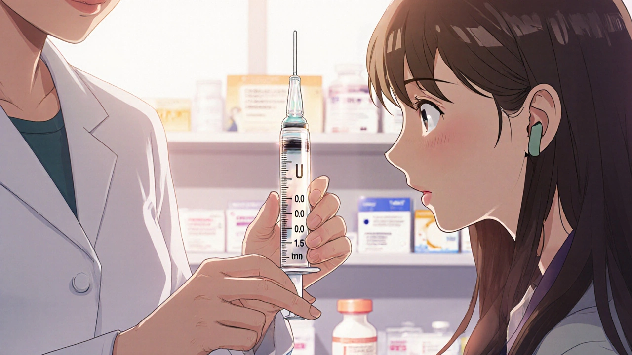 Pharmacist handing a parent an oral syringe with precise mL markings in a bright pharmacy