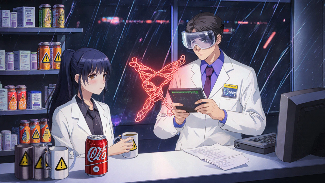 Pharmacist scanning DNA to reveal caffeine-medication interaction risks in a high-tech clinic.