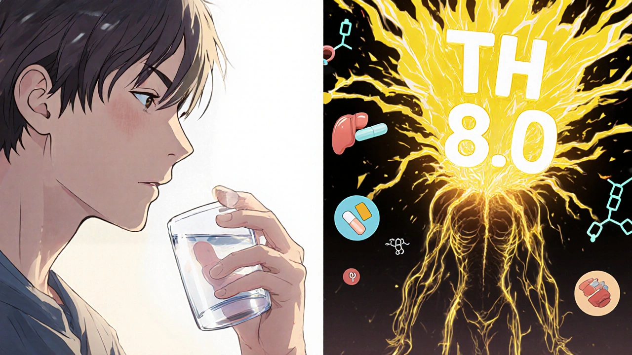 Split scene: calm pill-taking vs. chaotic coffee disruption with exploding TSH levels.