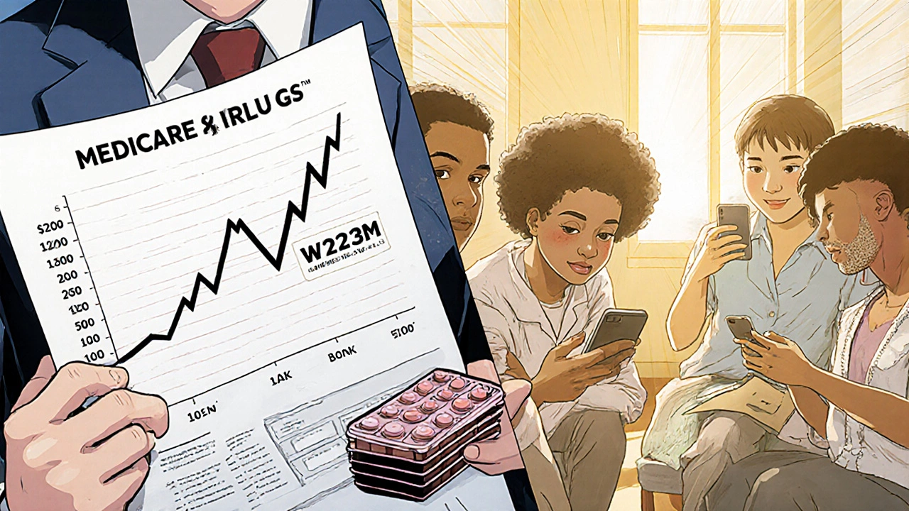 Split scene: Medicare cost graph on left, patients taking generics peacefully on right.
