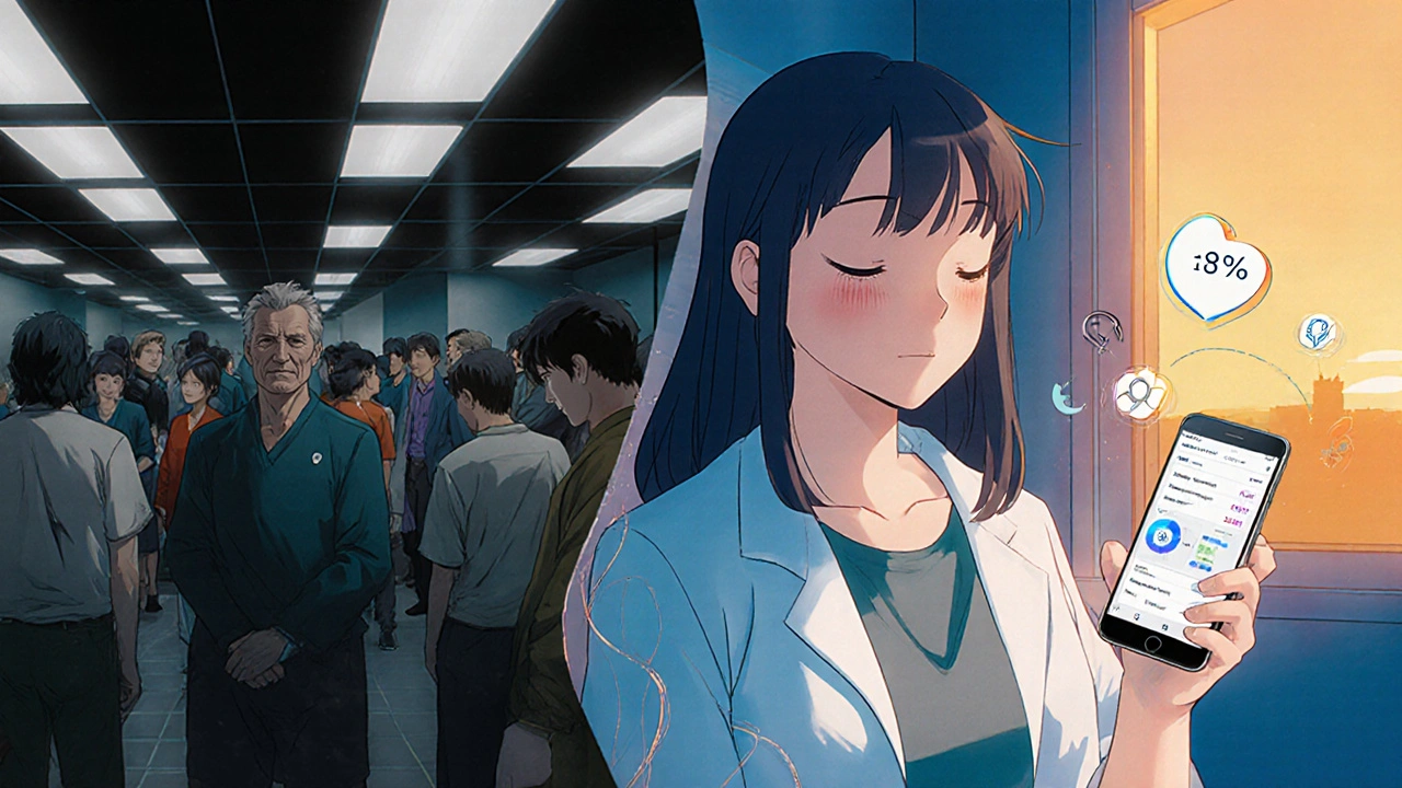 Split scene: patient waiting at a clinic vs. testing at home with smartphone sending results to a doctor.