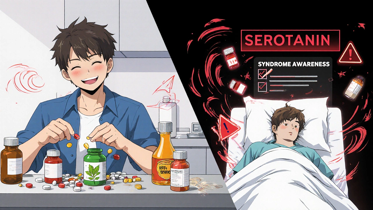 Split scene showing safe pill mixing vs. dangerous serotonin syndrome collapse with warning symbols.
