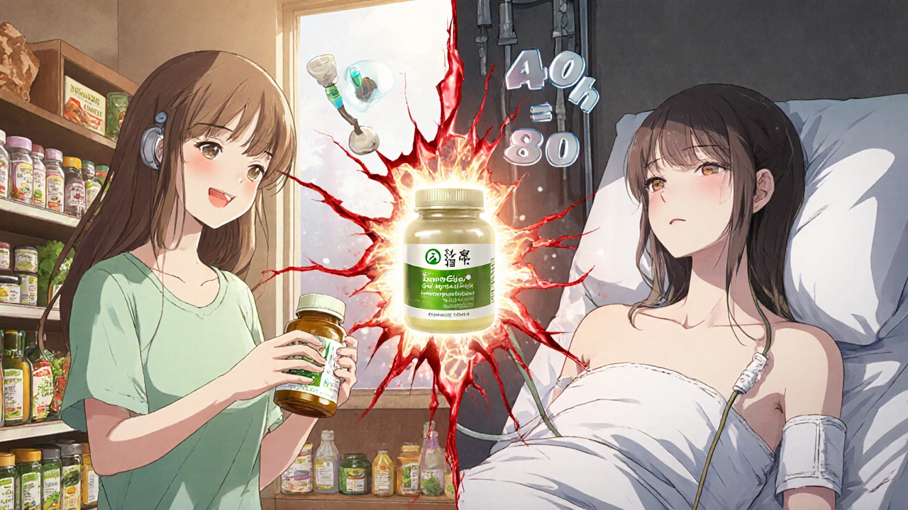 Split scene: woman taking Dong Quai in store vs. same woman bleeding internally in hospital, enzyme shattering between panels.