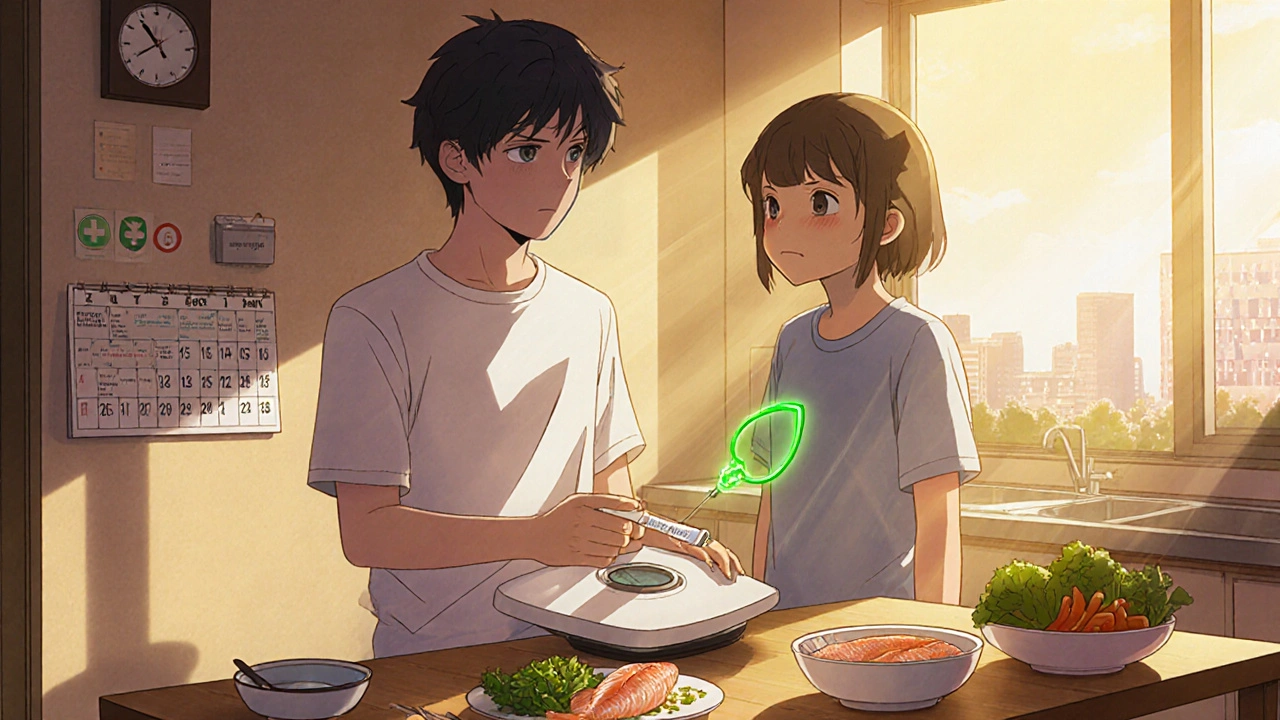 Teenager checking urine dipstick in kitchen at dawn, low-sodium meal and weight log visible.