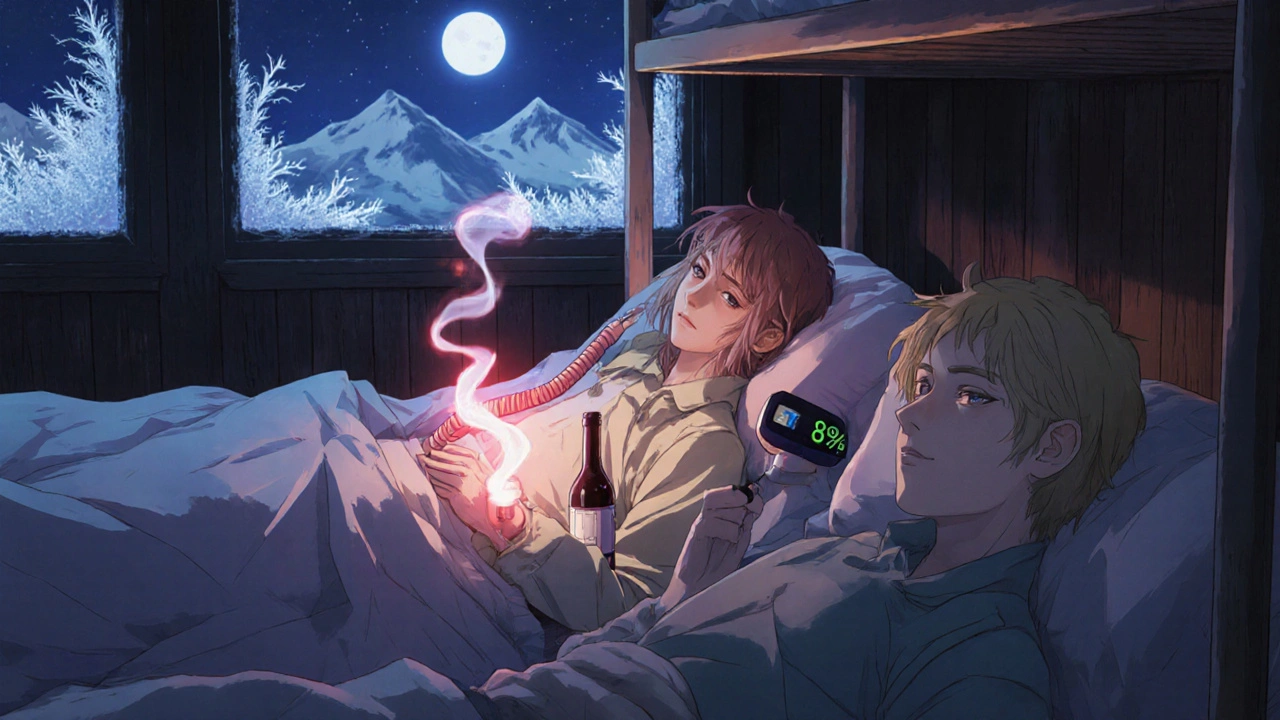 Three travelers in a mountain lodge at night, one with a pill bottle and wine, their oxygen levels dropping as ghostly breath clouds rise.