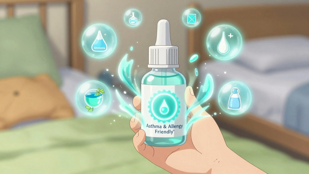 A child holds a certified cleaner bottle as harmful chemicals shatter around it.