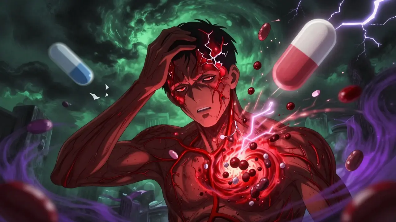 A man's veins glow red as norepinephrine molecules explode around him, blood vessels fracturing in a medical crisis.