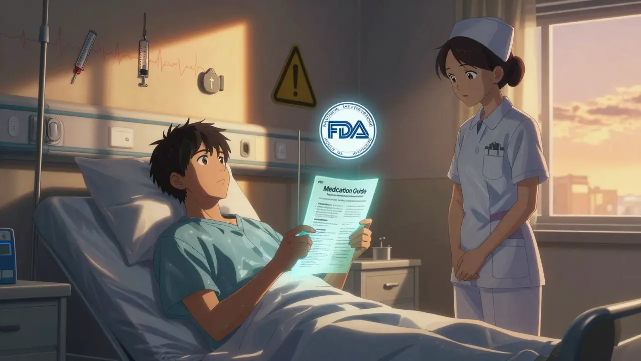 A patient reads a Medication Guide in a hospital room as golden light shines through the window.