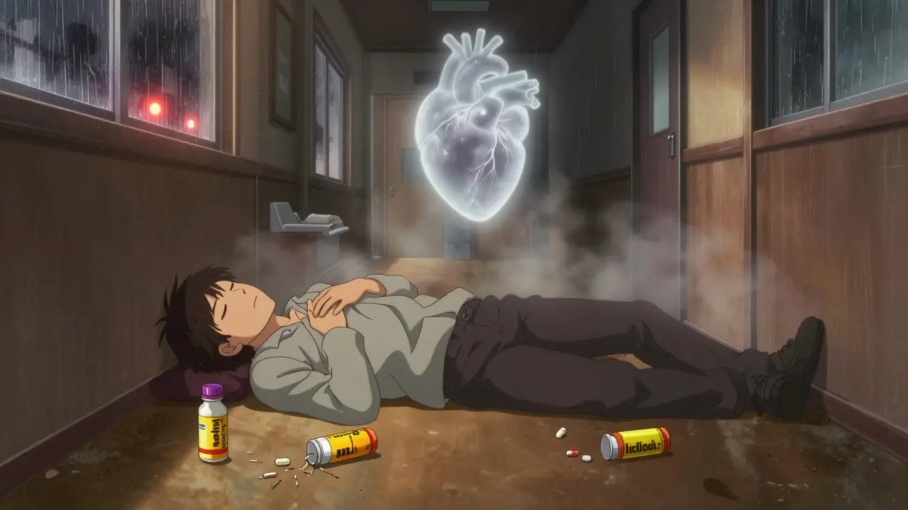 A person collapses clutching their chest beside a cracked nitroglycerin tablet, heart fading behind them.