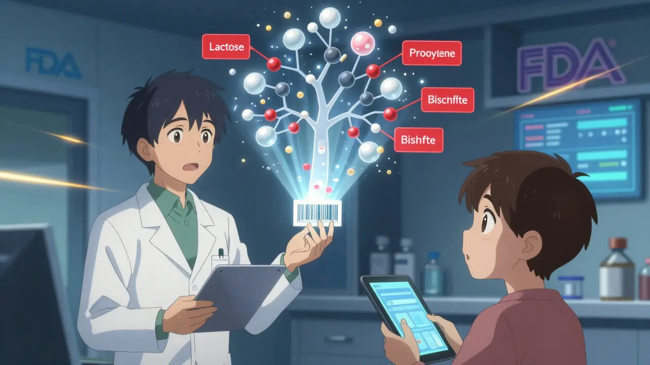 A pharmacist scanning a pill barcode that projects a digital tree of inactive ingredients with red warning flags.