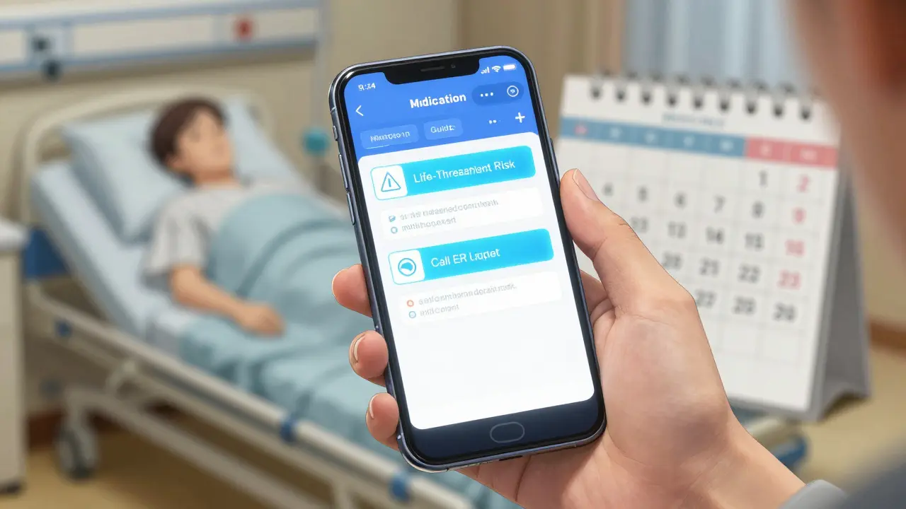 A smartphone displays a digital Medication Guide with highlighted safety warnings.