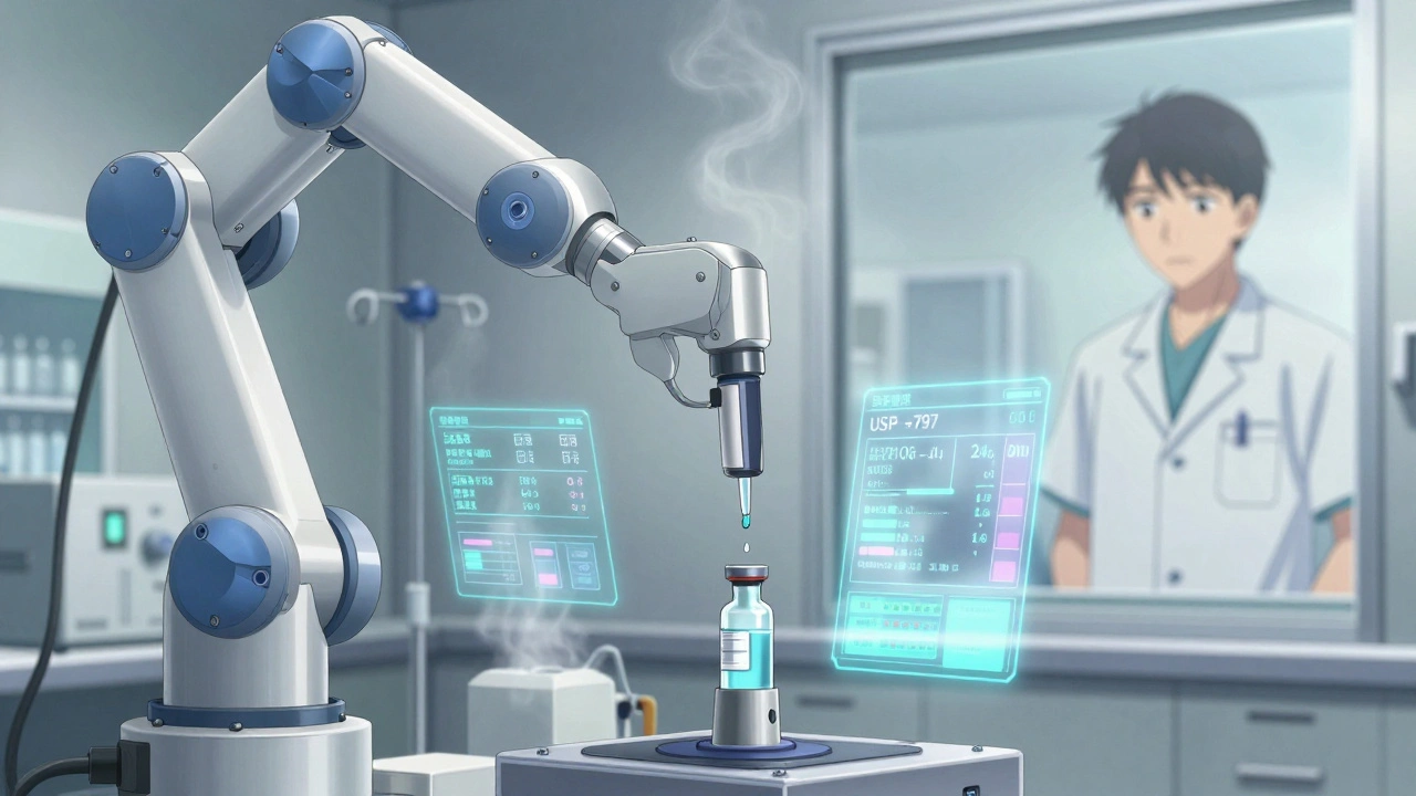 A sterile IV compounding robot blending precise drug doses with holographic compliance data.