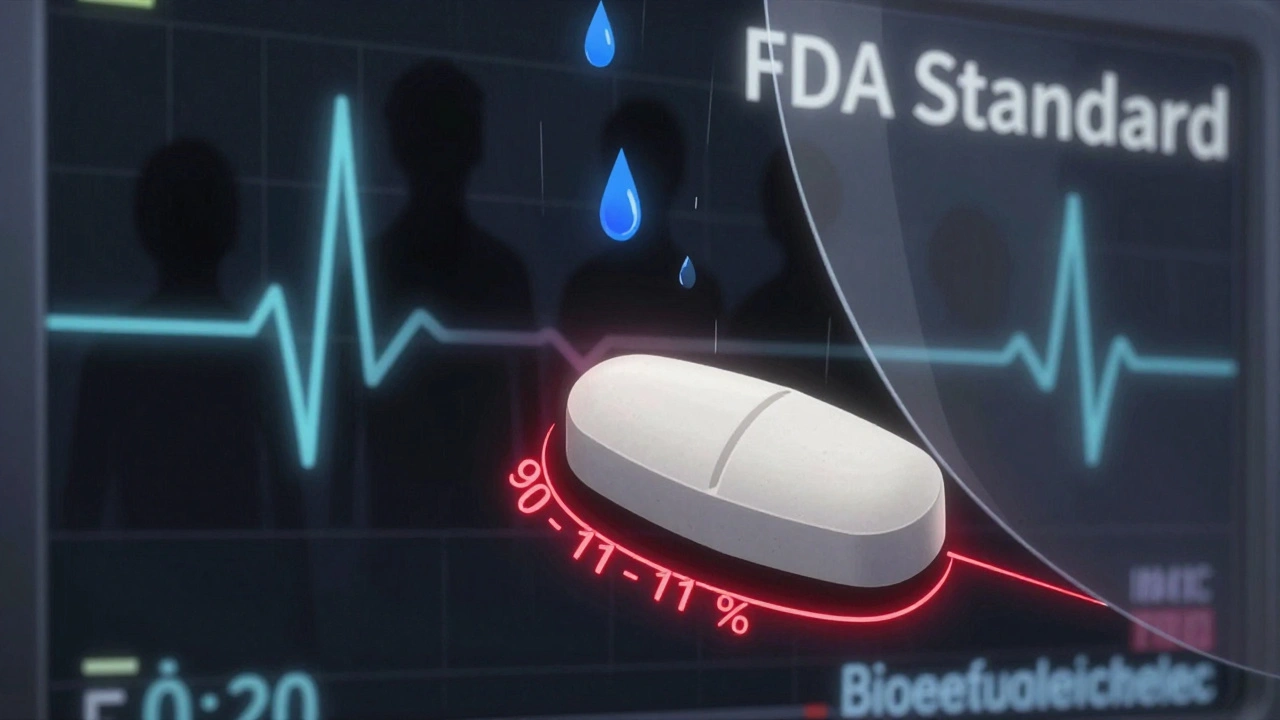 A warfarin tablet protected by a strict 90-111% bioequivalence boundary, blocking harmful outcomes.