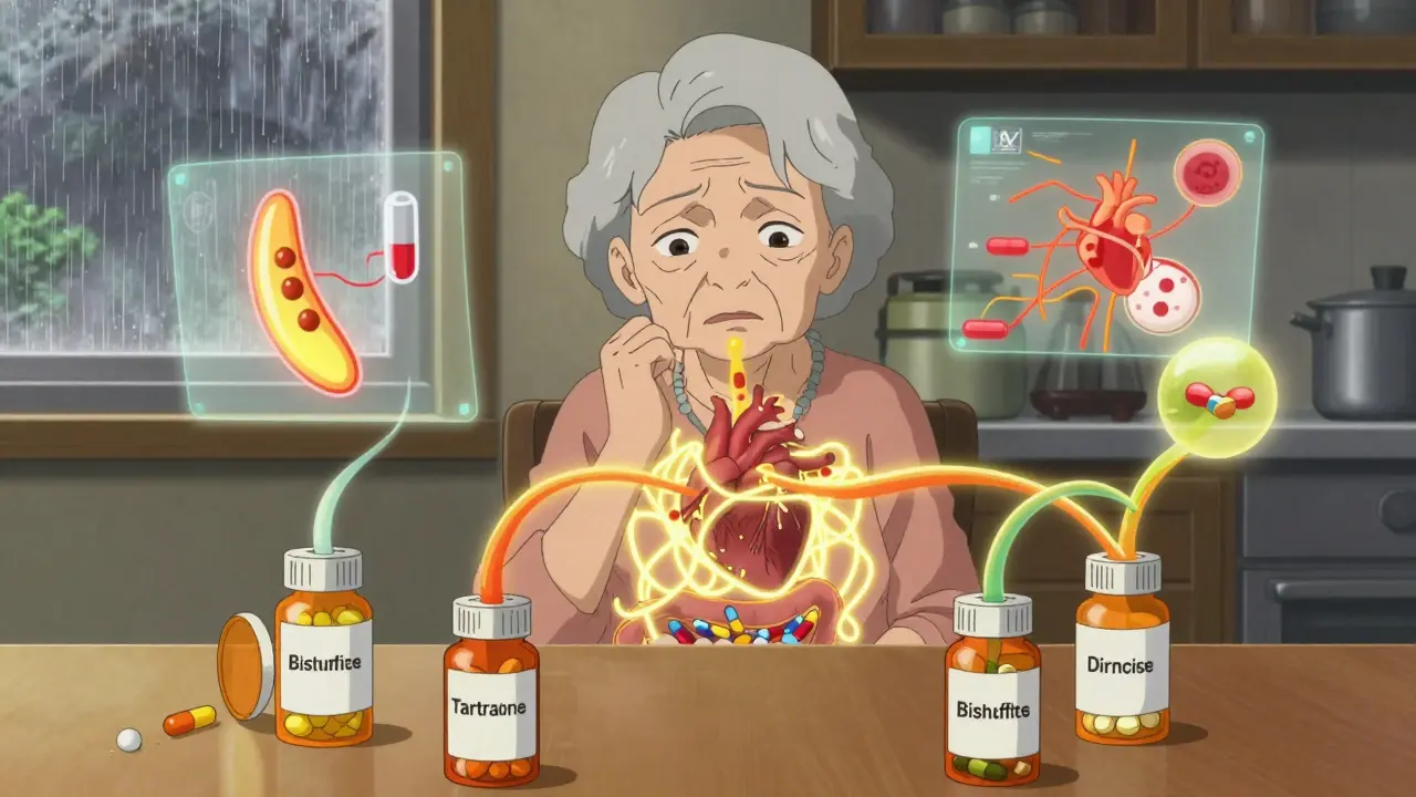 An elderly woman surrounded by pill bottles as colored excipients flow into her body, forming a warning web around her organs.
