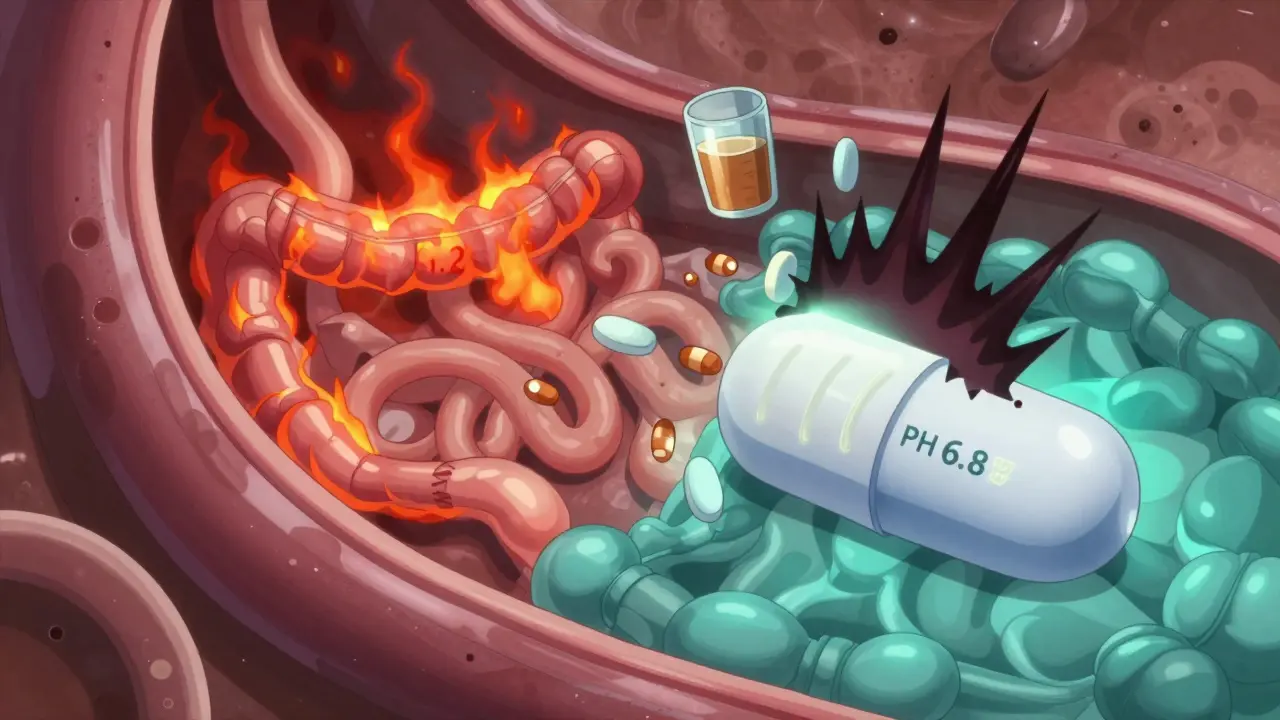An extended-release tablet releasing drug slowly through the digestive tract, with alcohol spikes threatening to disrupt it.