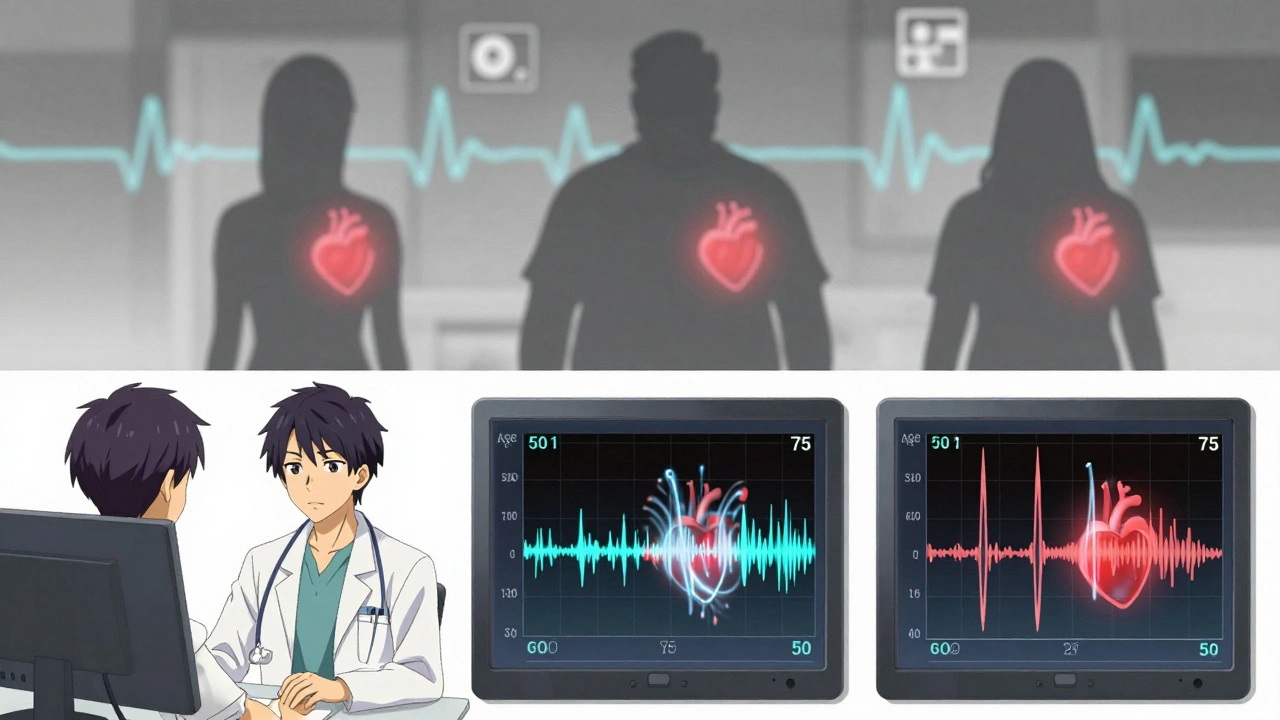 Cardiologist comparing NT-proBNP values by age with silhouetted patients and pulsing heart icons.