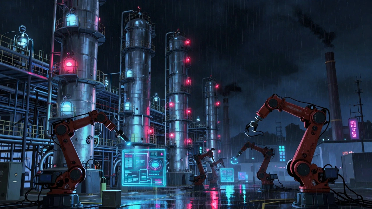 Chinese chemical plant at night with glowing reactors and holographic dashboards under rainy industrial skies.
