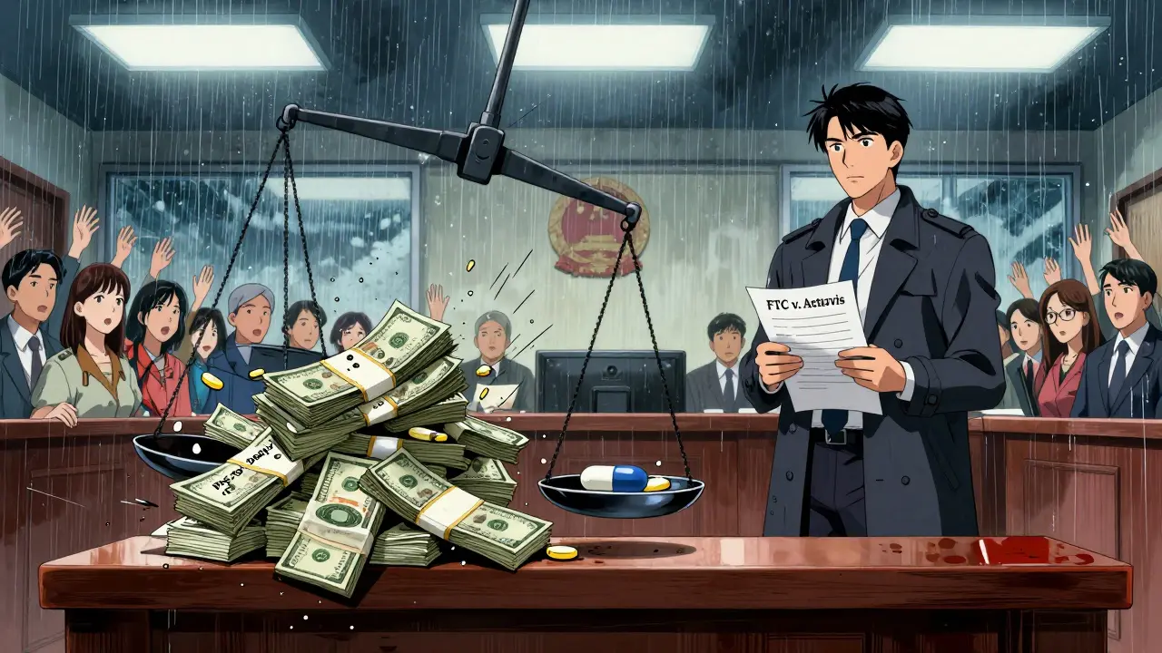 Courtroom scale crushing generic pill under pay-for-delay cash, FTC agent stands firm.