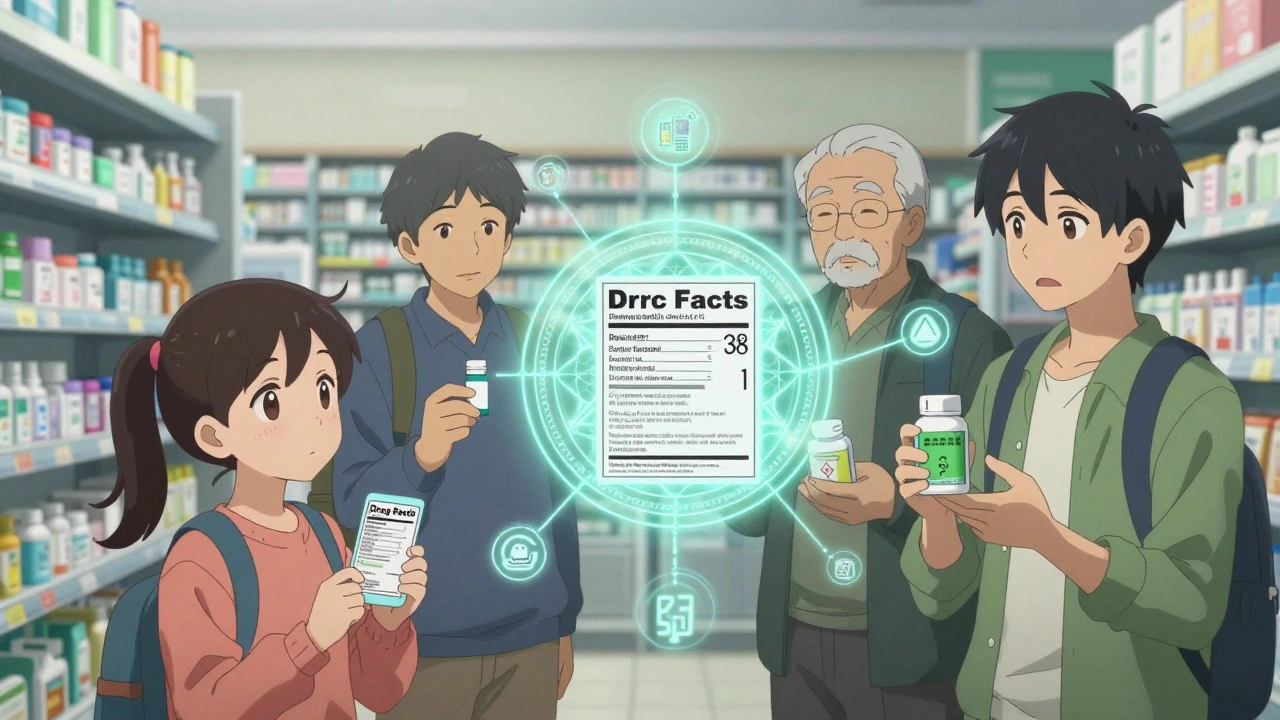 Diverse group in a pharmacy with personalized safety overlays on their medications.
