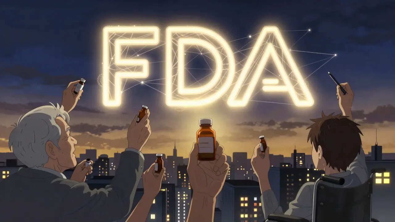 Diverse hands reaching toward a glowing FDA data network symbolizing collective impact.