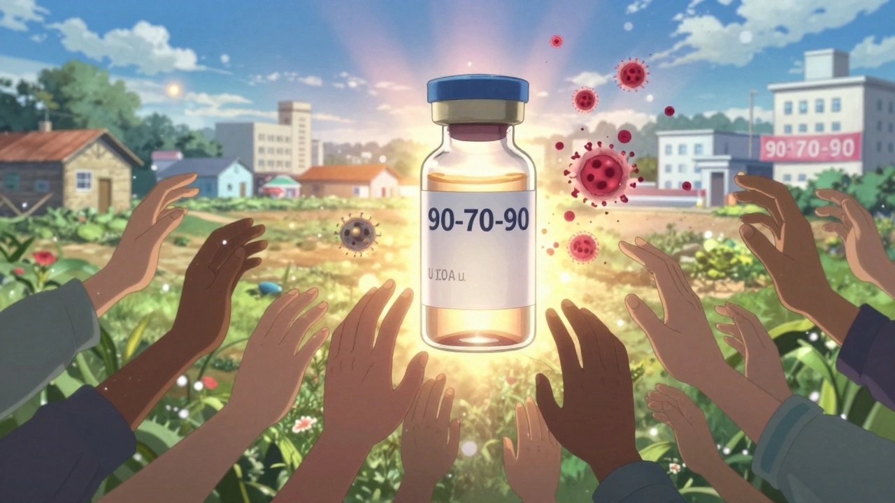 Diverse hands reaching toward a glowing HPV vaccine vial, cancer cells turning to flowers