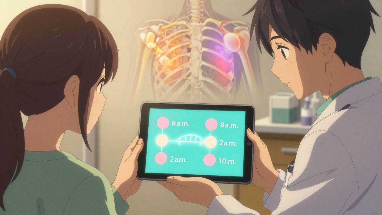 Doctor and patient reviewing a combined pain relief schedule on a tablet, warm light symbolizing safe, coordinated treatment.