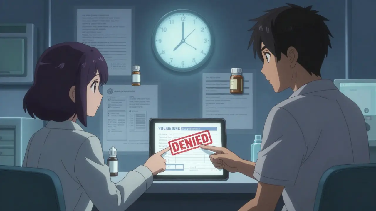 Doctor and patient reviewing a denied prior authorization form with a ticking clock in the background.