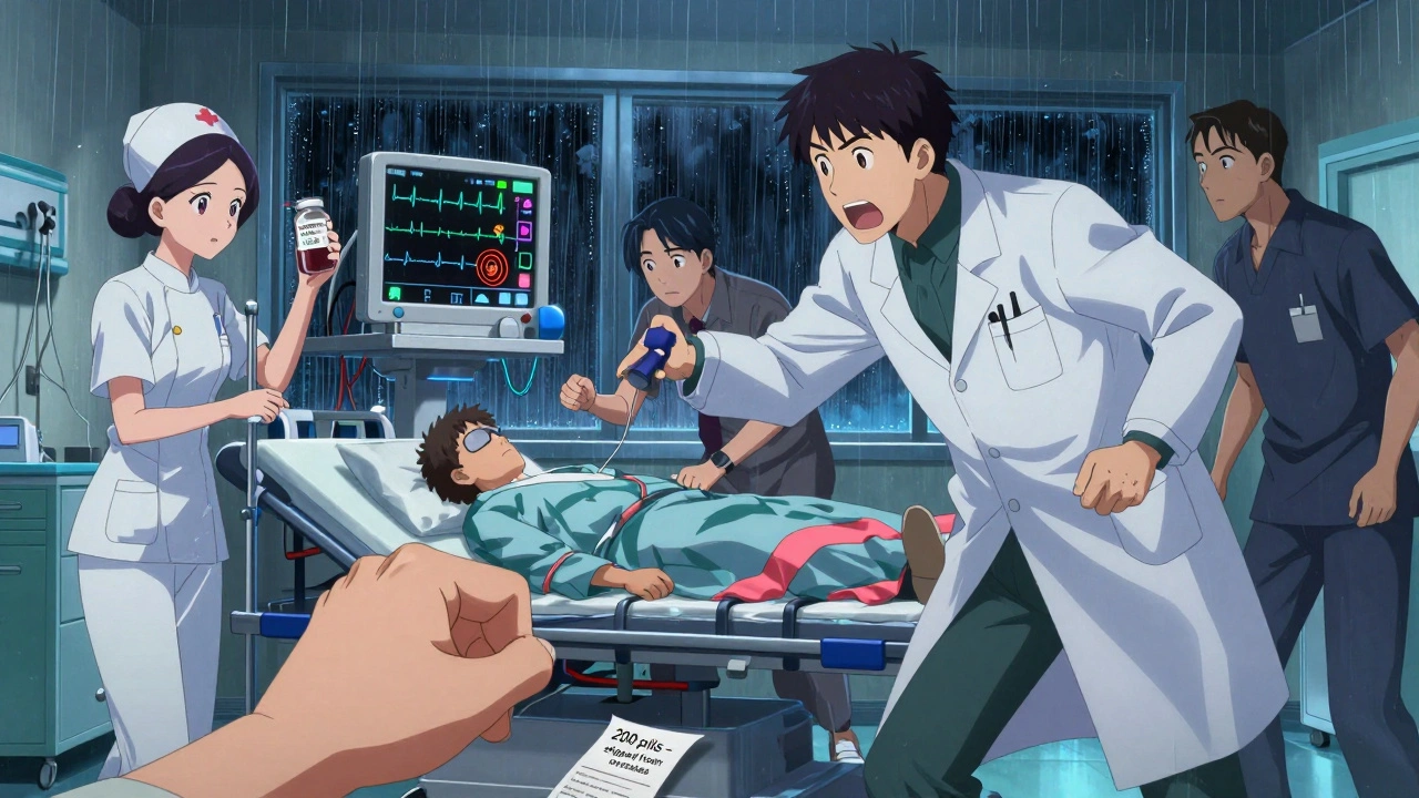 ER medical team treating patient with spiraling ECG rhythm, blood test vial labeled high loperamide levels.