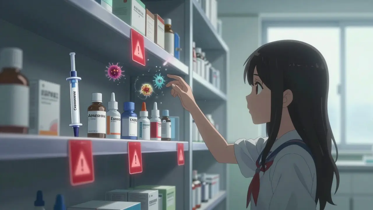 Expired medications glow with warning tags on a pharmacy shelf as toxic symbols swirl around them.