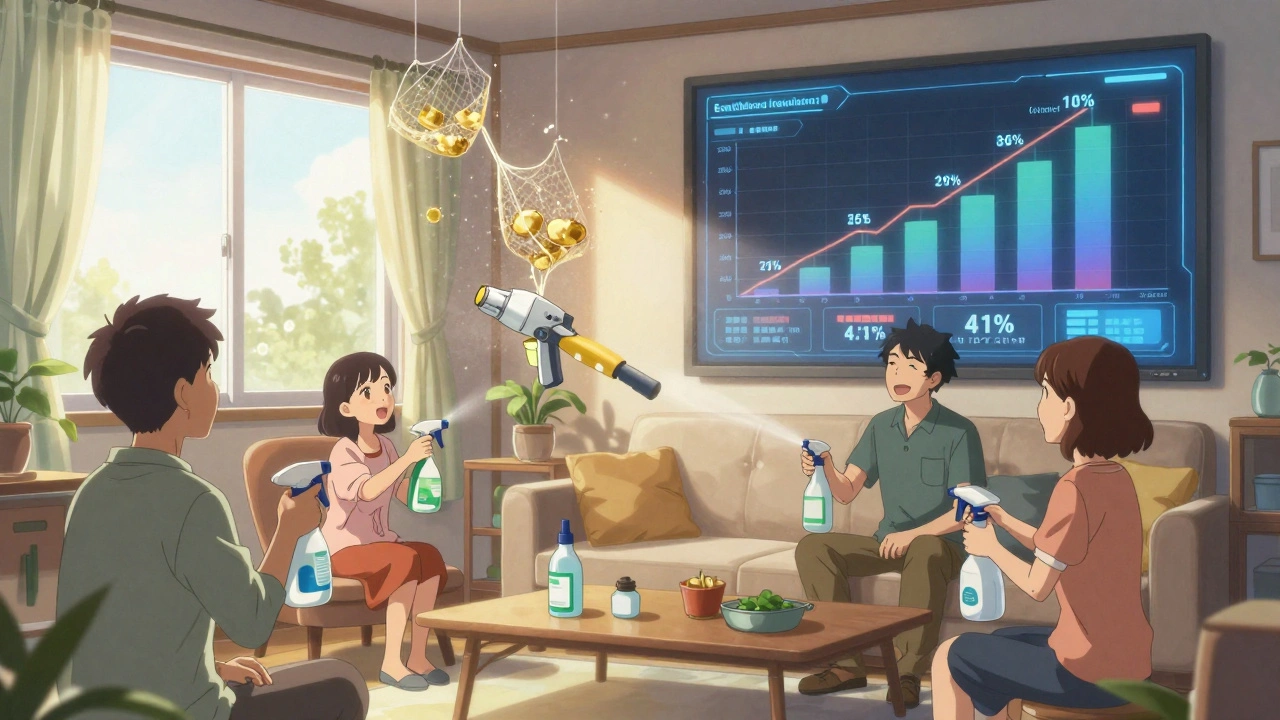 Families refill eco-cleaners while a sprayer captures airborne allergens in golden nets.