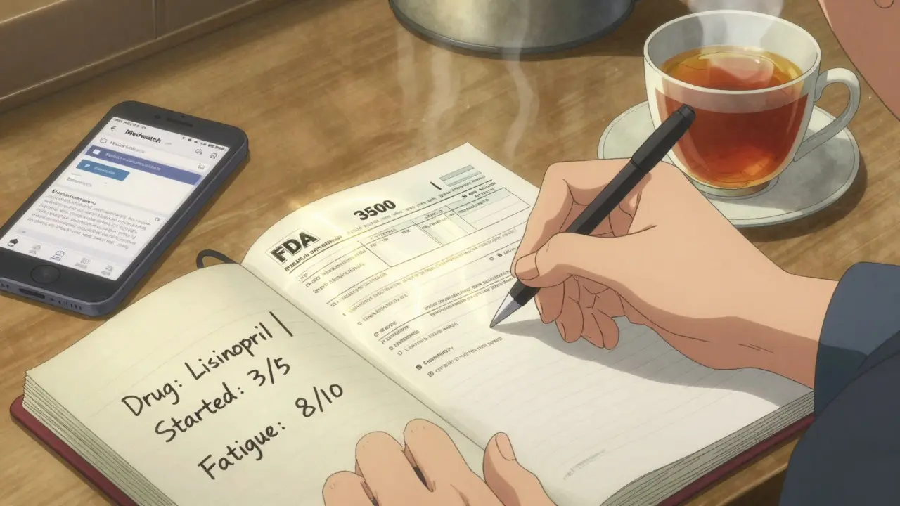 Hand filling out FDA side effect form at kitchen table with journal and phone nearby.