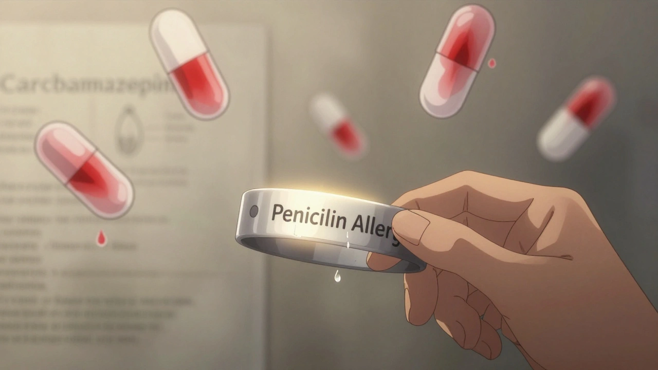 Hand holding medical alert bracelet with penicillin allergy, floating drug icons turning into red rash patterns.