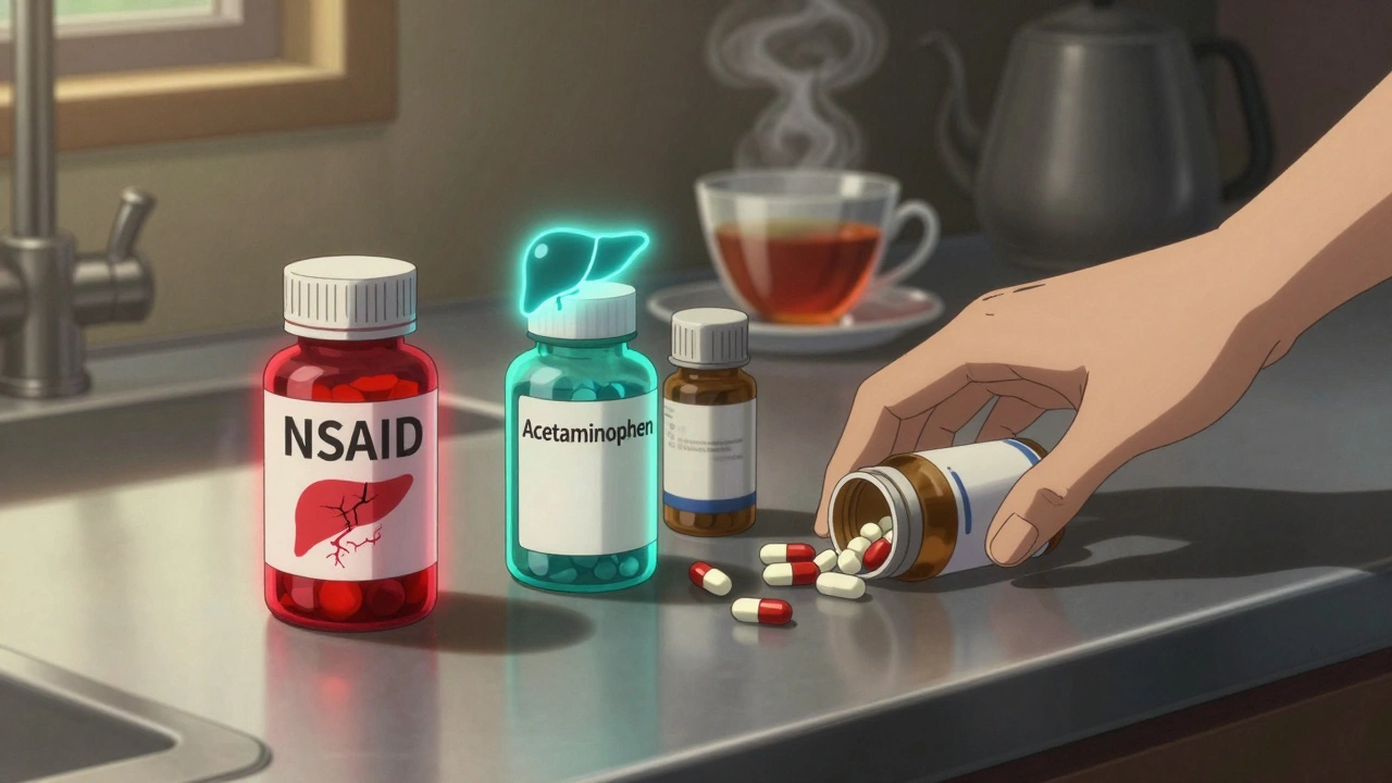 Medicine bottles on a counter, NSAID and acetaminophen labeled with warning icons, other pills spilling nearby.