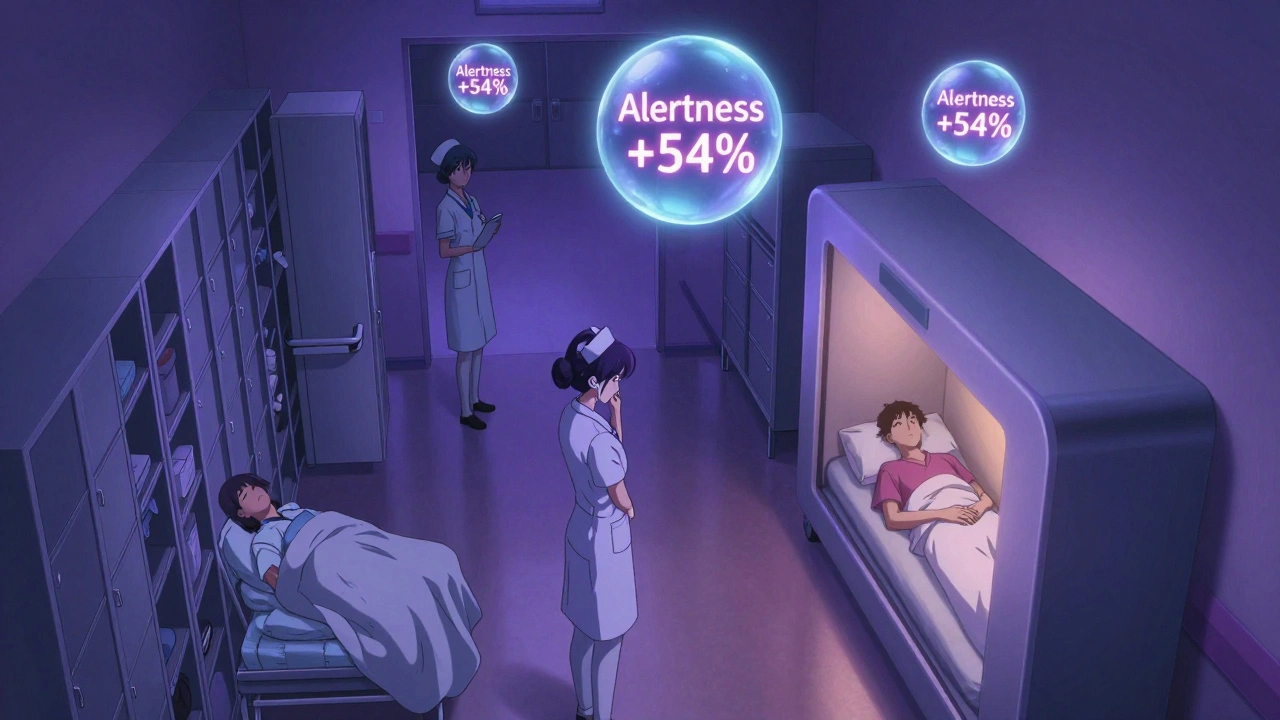 Multiple night-shift workers napping in quiet corners of a hospital hallway under soft purple-blue lighting.